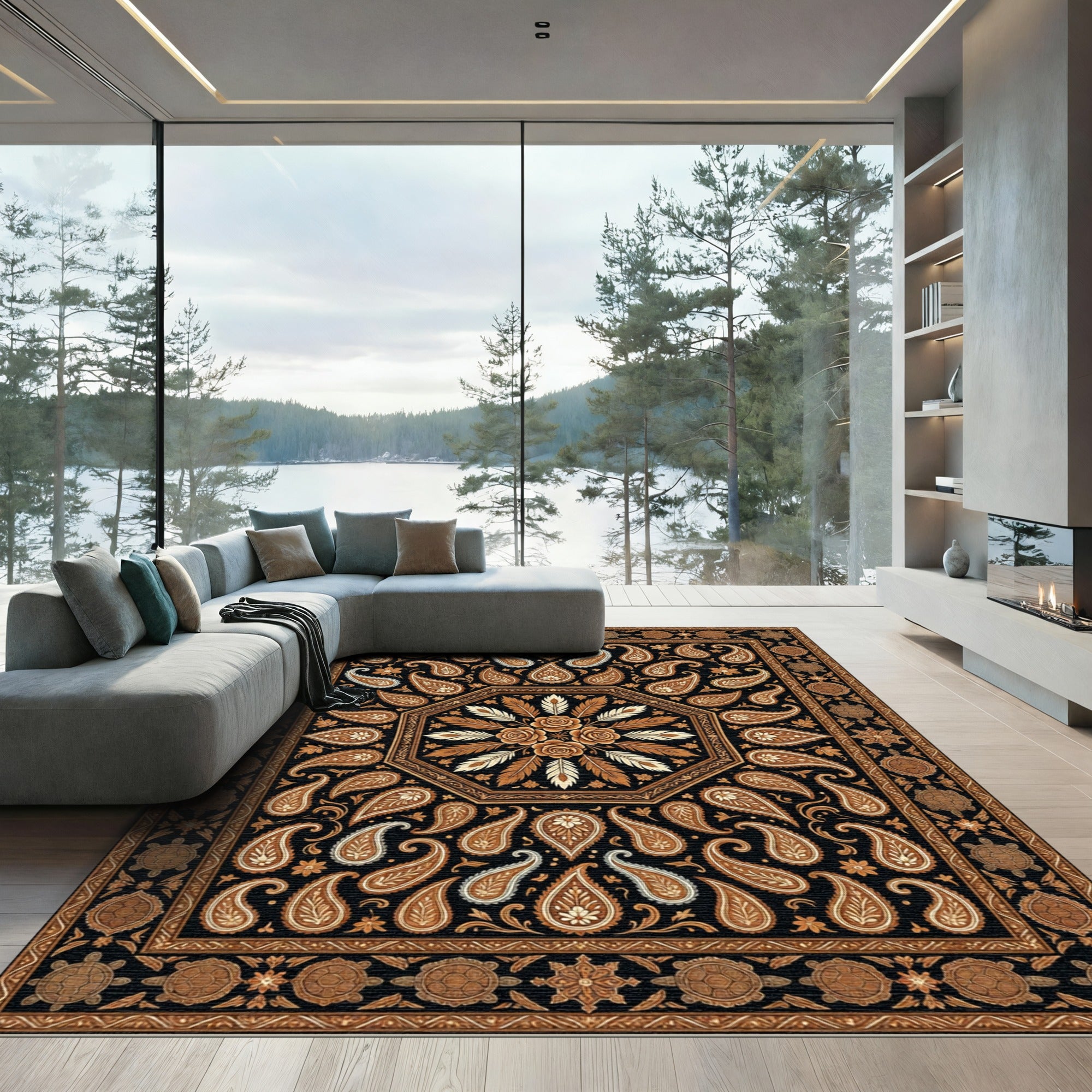 Black Paisley Floral Octagon Tortoise Border Rug