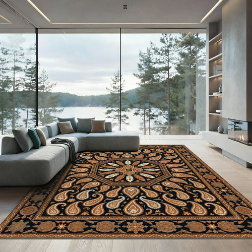 Black Paisley Floral Octagon Tortoise Border Rug