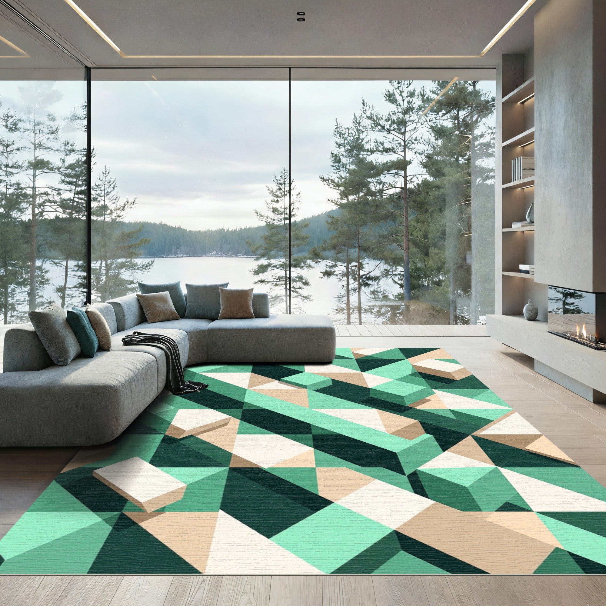 Mint Green Geometric Cube Illusion Rug