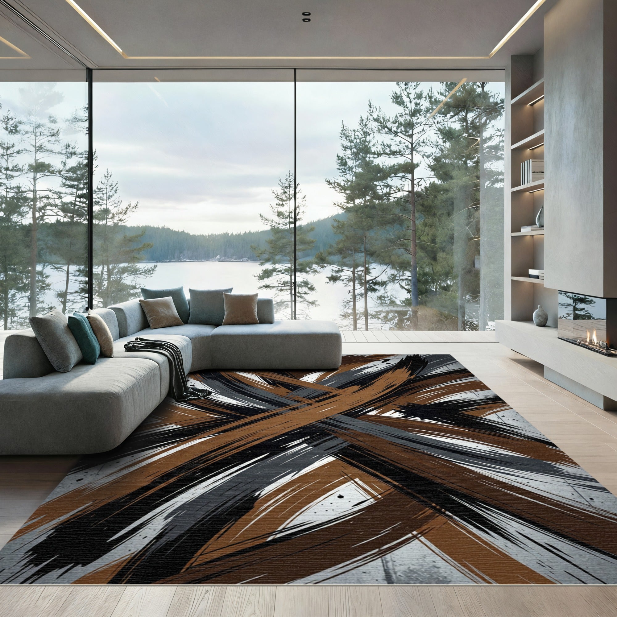 Modern Abstract Black and Brown Brushstroke Rug