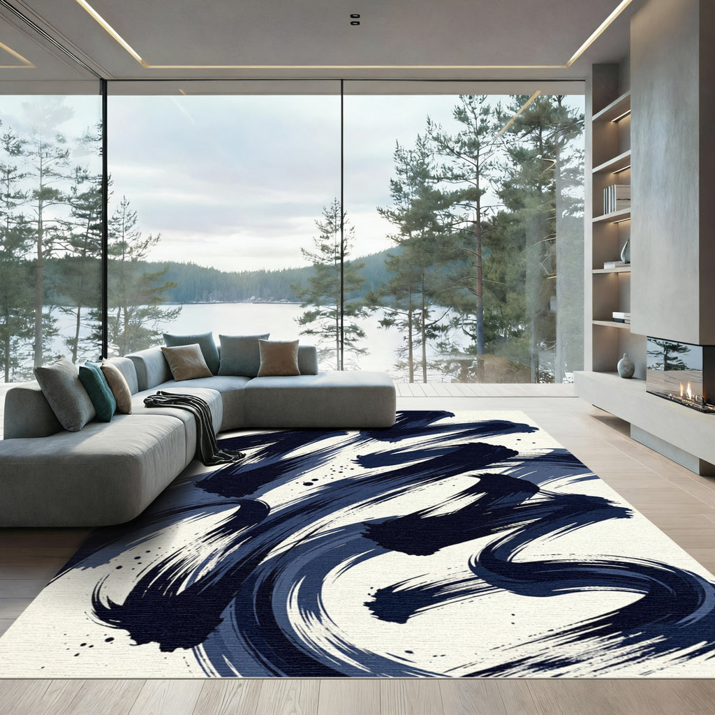 Modern Navy Blue Abstract Ink Sweep Rug