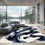 Modern Navy Blue Abstract Ink Sweep Rug