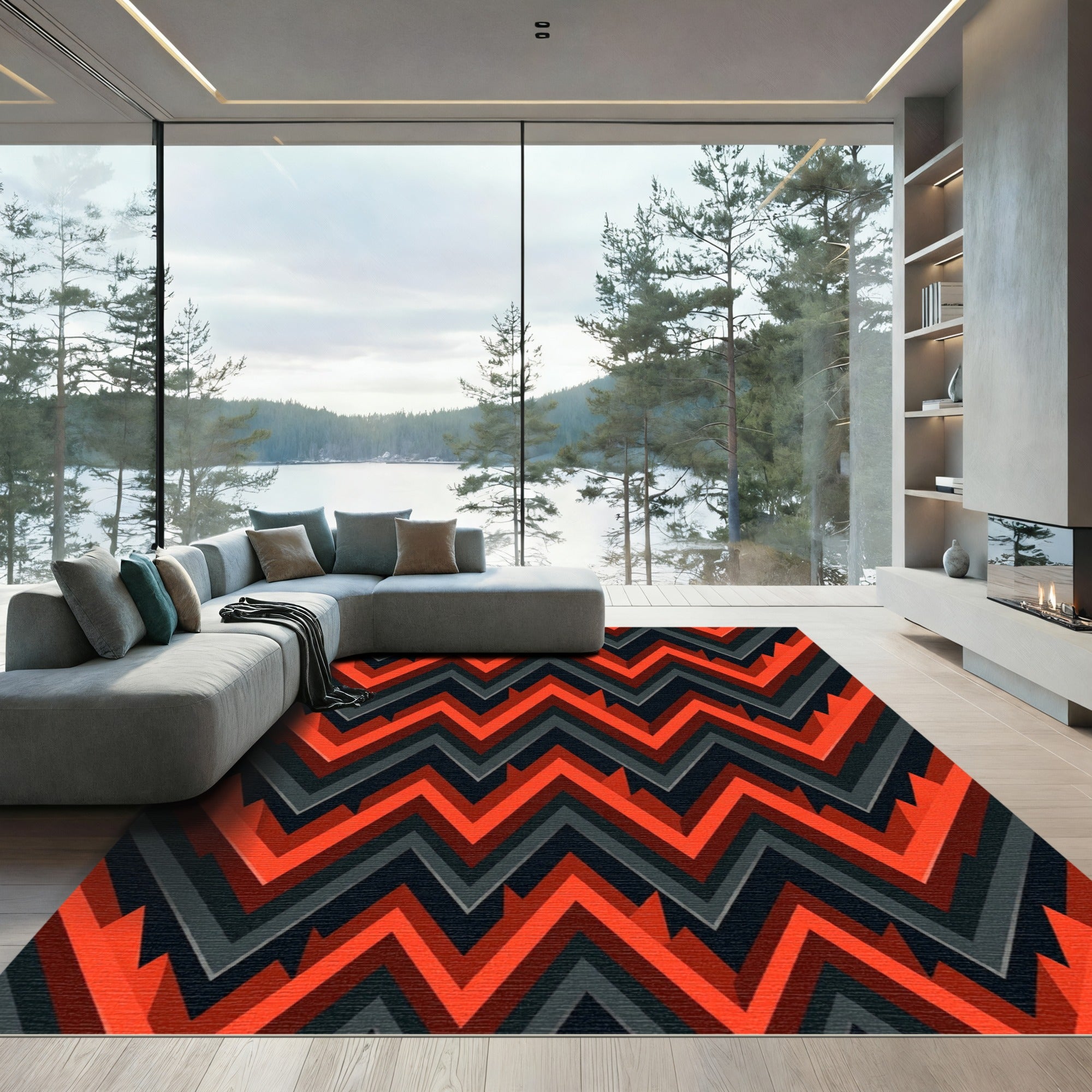 Bold Red Gray Zigzag Pattern Rug