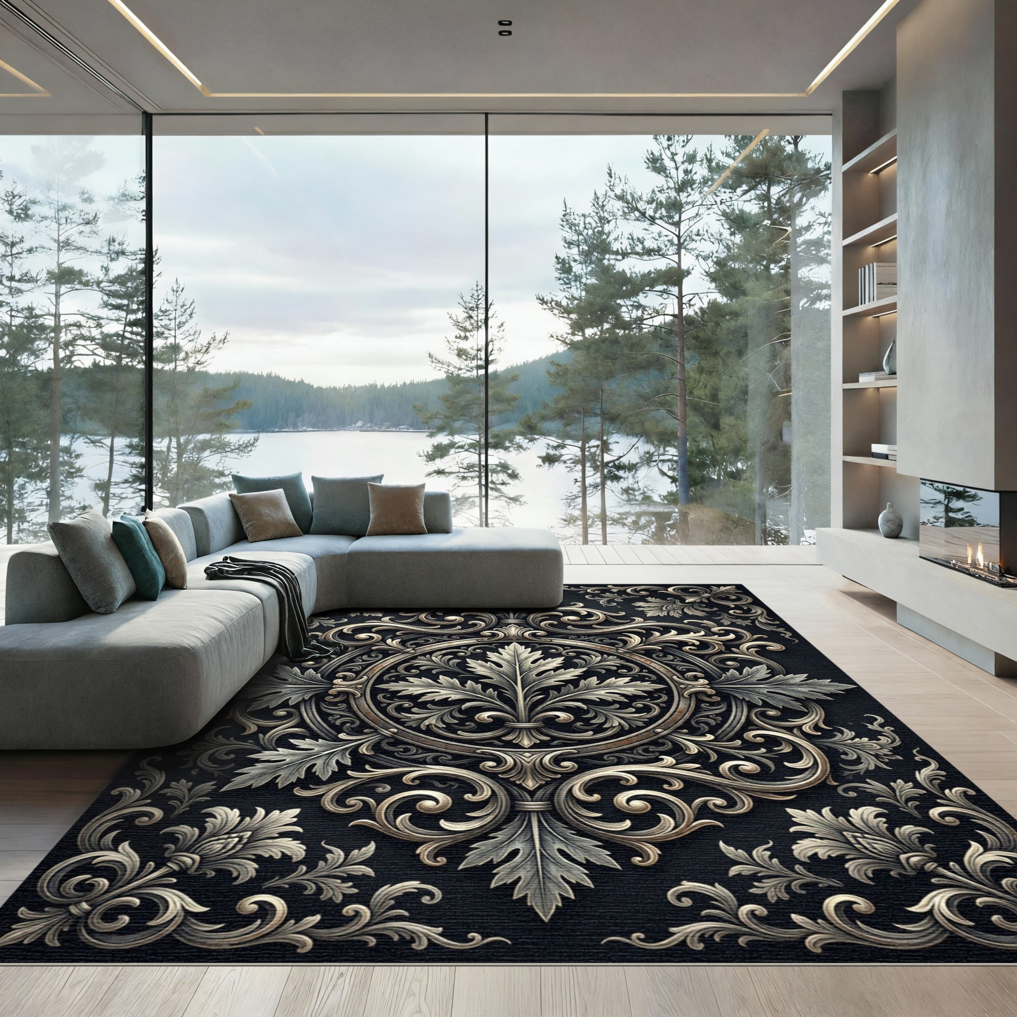 Elegant Silver Acanthus Scroll Medallion Rug