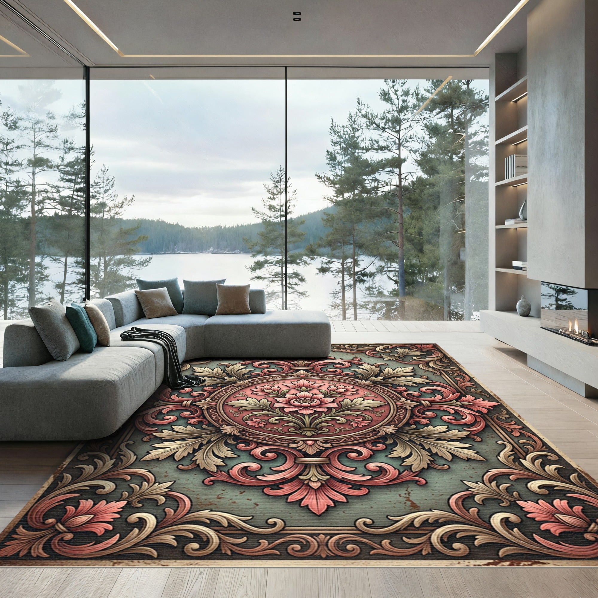 Earthy Pink Floral Filigree Medallion Rug