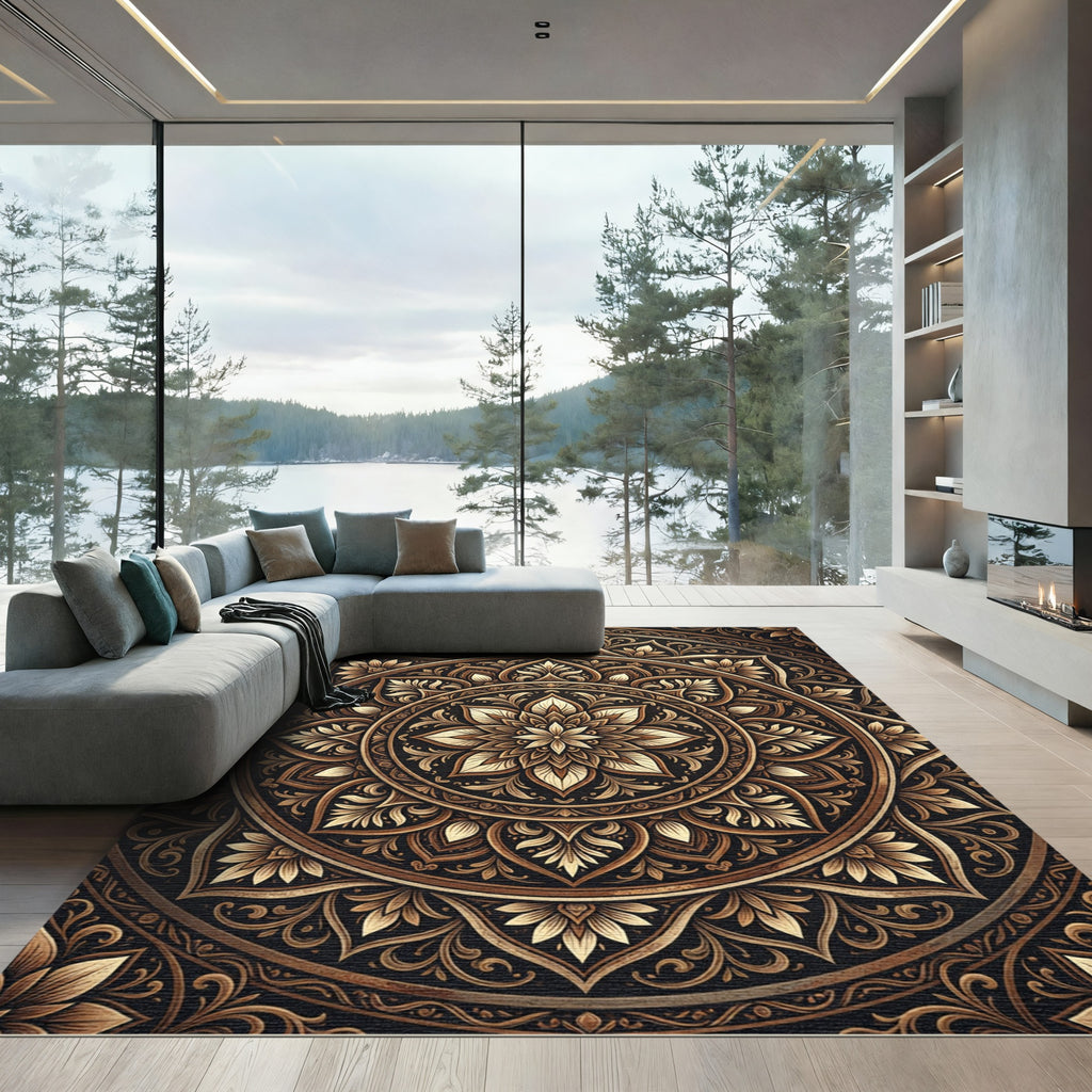 Ornate Golden Floral Mandala Art Rug