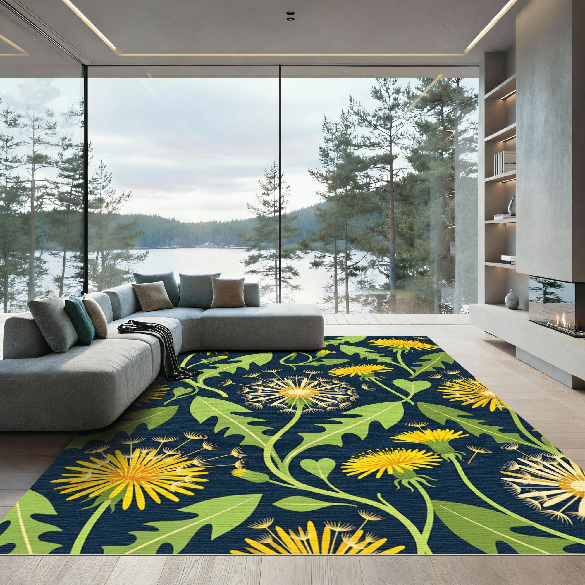 Yellow Dandelion Botanical Midnight Blue Rug