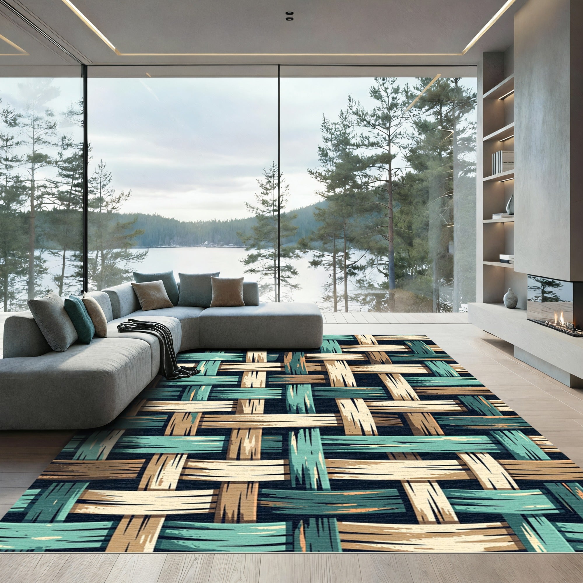 Textured Woven Teal Sand Grid Rug