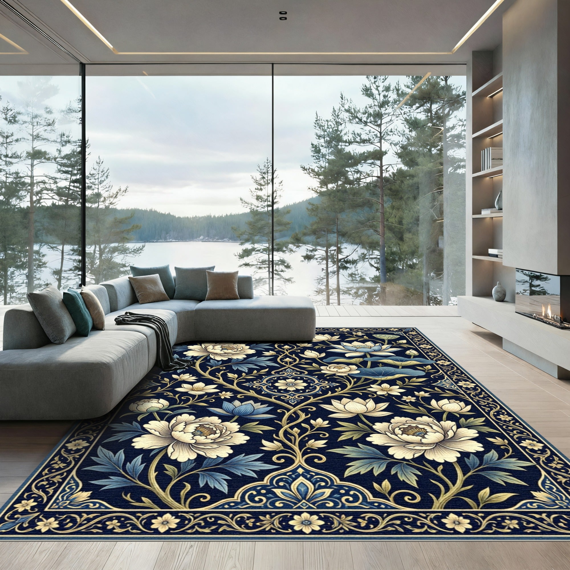 Navy Blue Peony and Lotus Garden Rug