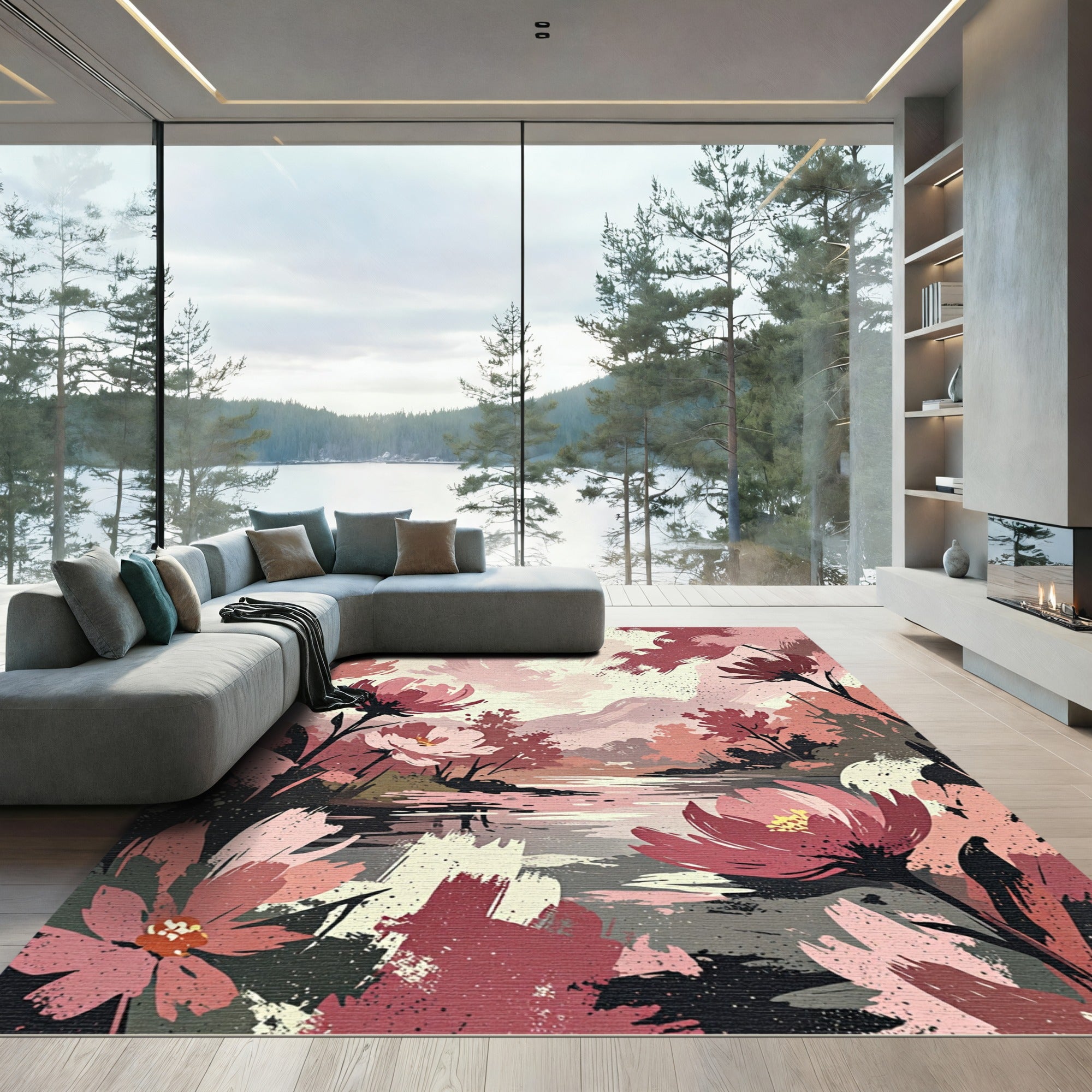 Crimson Floral Lakeside Abstract Landscape Rug