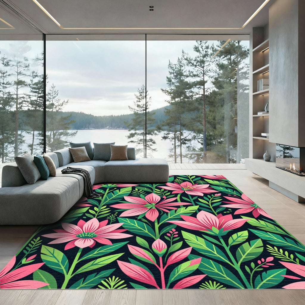 Vibrant Pink Floral Tropical Foliage Art Rug