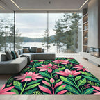 Vibrant Pink Floral Tropical Foliage Art Rug