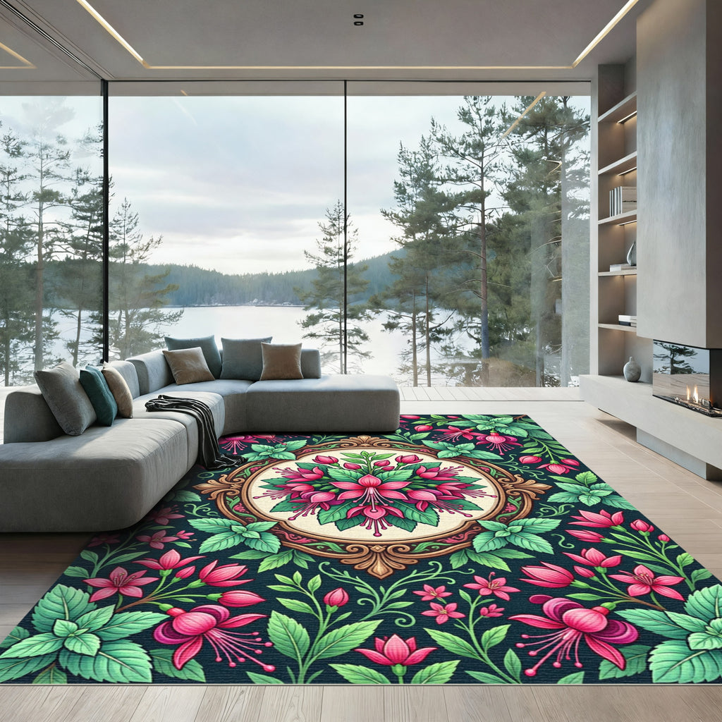 Fuchsia Floral Medallion with Botanical Vining Rug