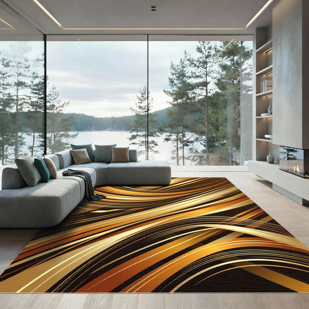 Golden Abstract Sweeping Curvature Waves Rug