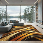 Golden Abstract Sweeping Curvature Waves Rug