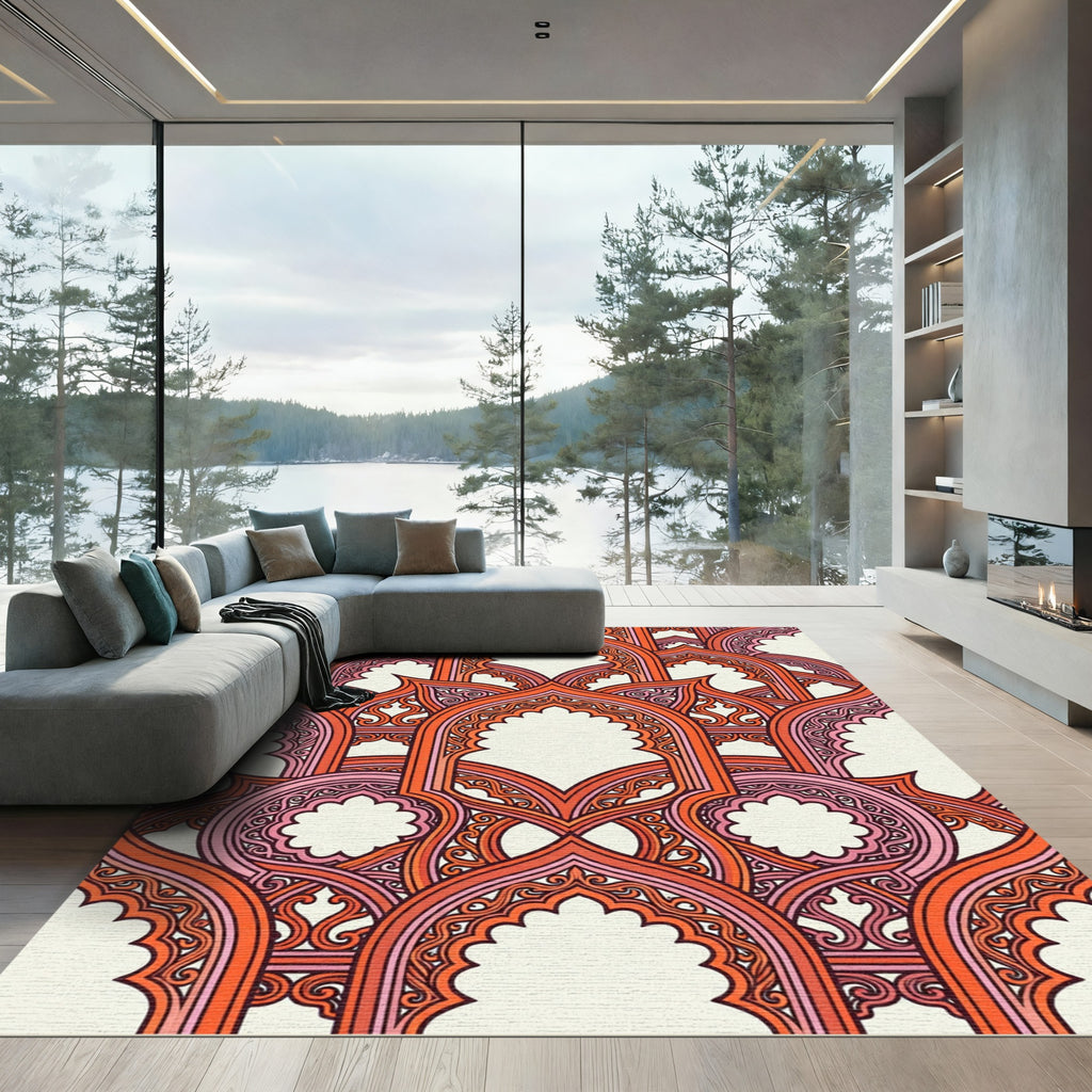 Vibrant Coral Archways Overlay Rug