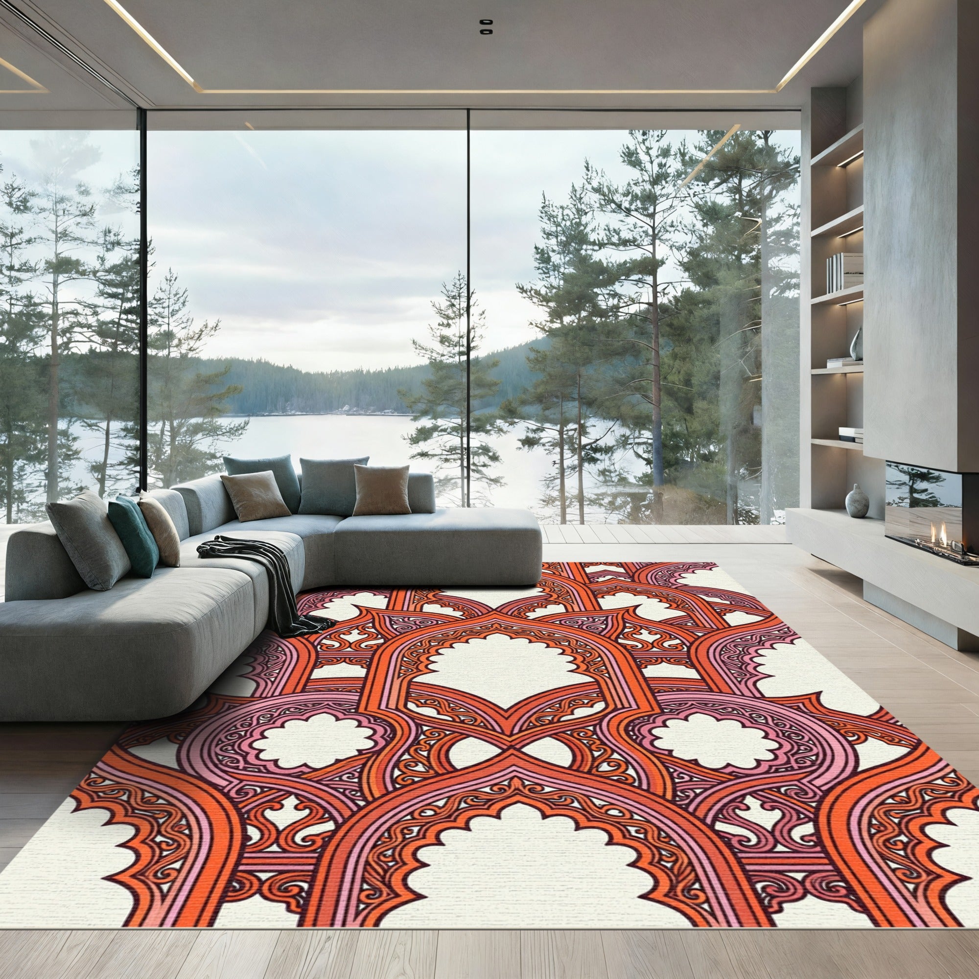 Vibrant Coral Archways Overlay Rug