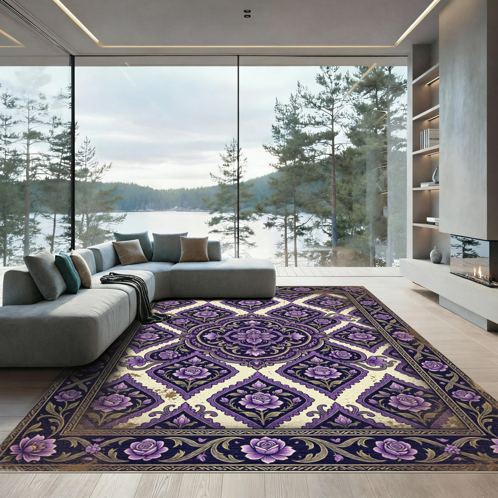 Ornate Purple Floral Medallion Rug