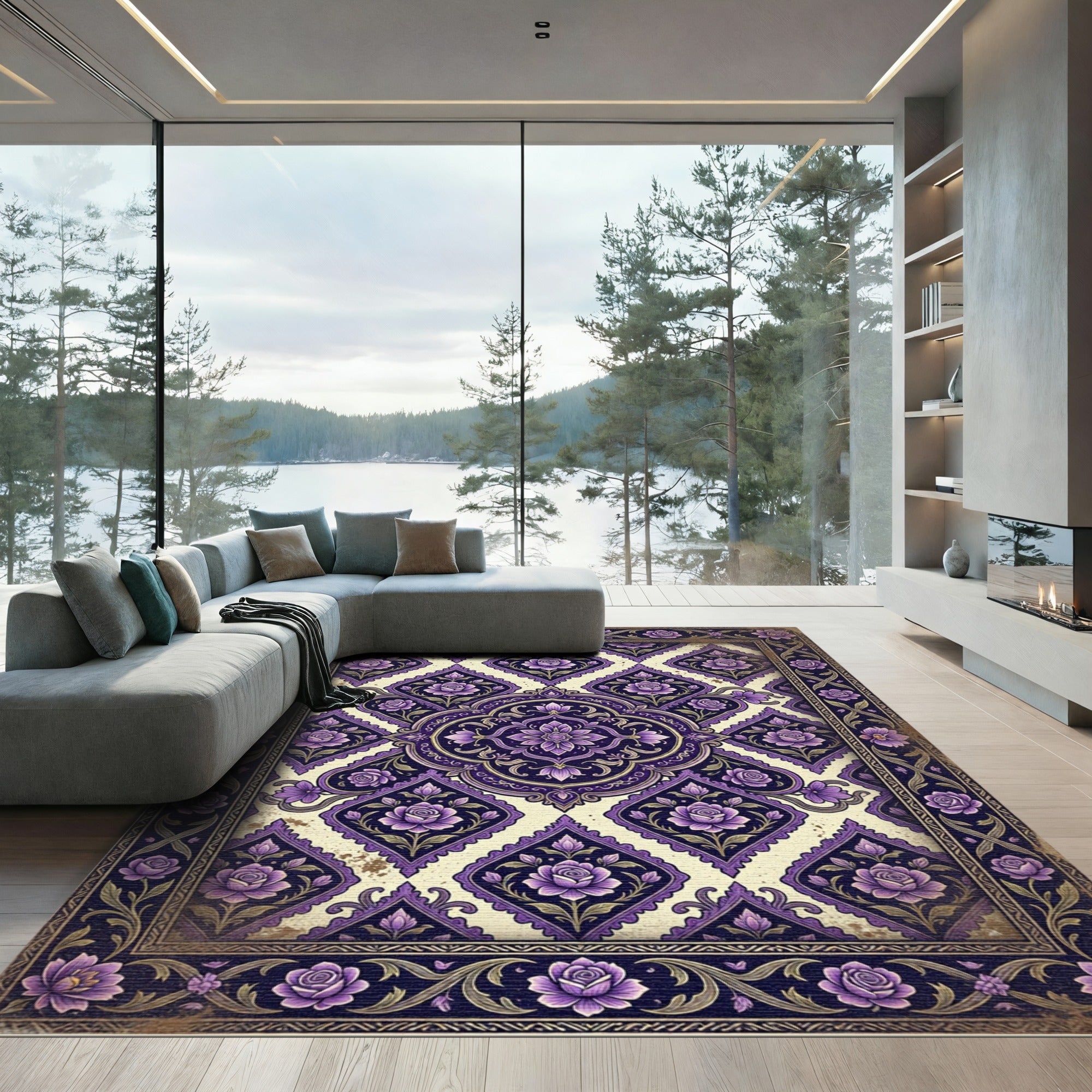 Ornate Purple Floral Medallion Rug