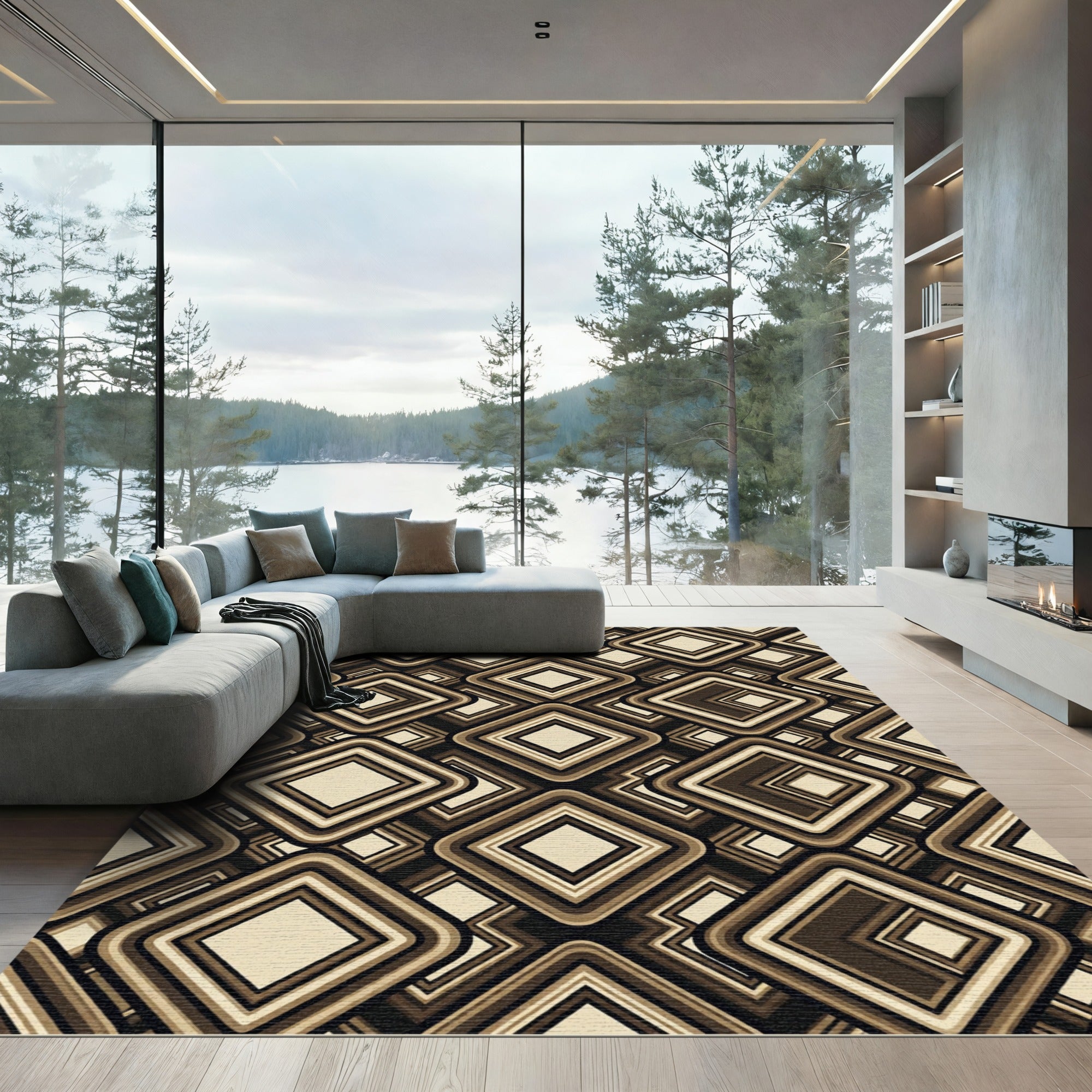 Retro Abstract Diamond Geometric Brown Rug