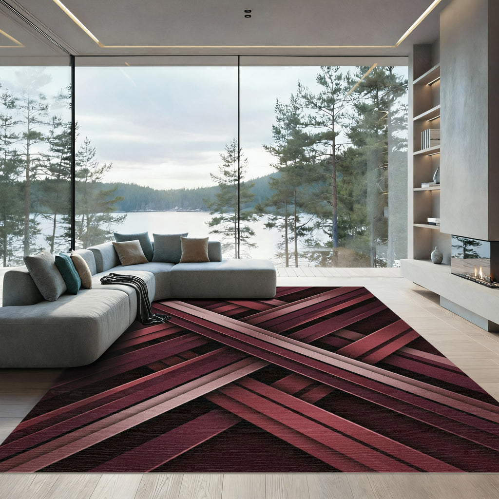 Abstract Crimson Intersecting Lines Rug