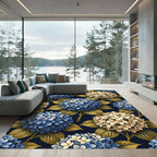 Golden Hydrangea Blossom on Navy Blue Rug