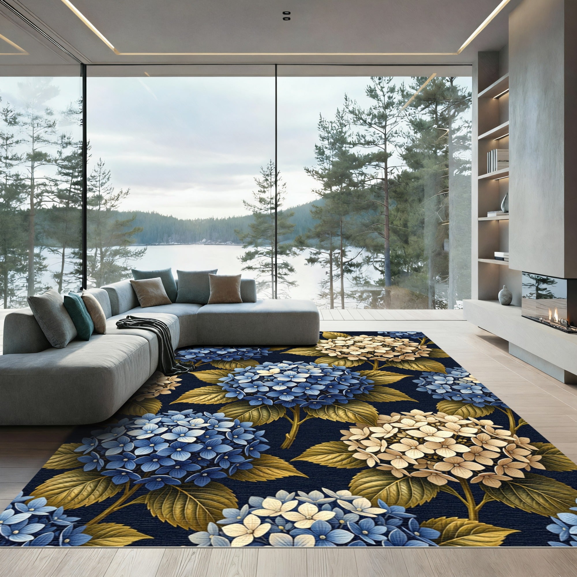 Golden Hydrangea Blossom on Navy Blue Rug