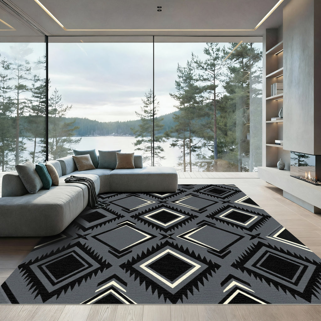Gray Black Diamond Navajo Rug
