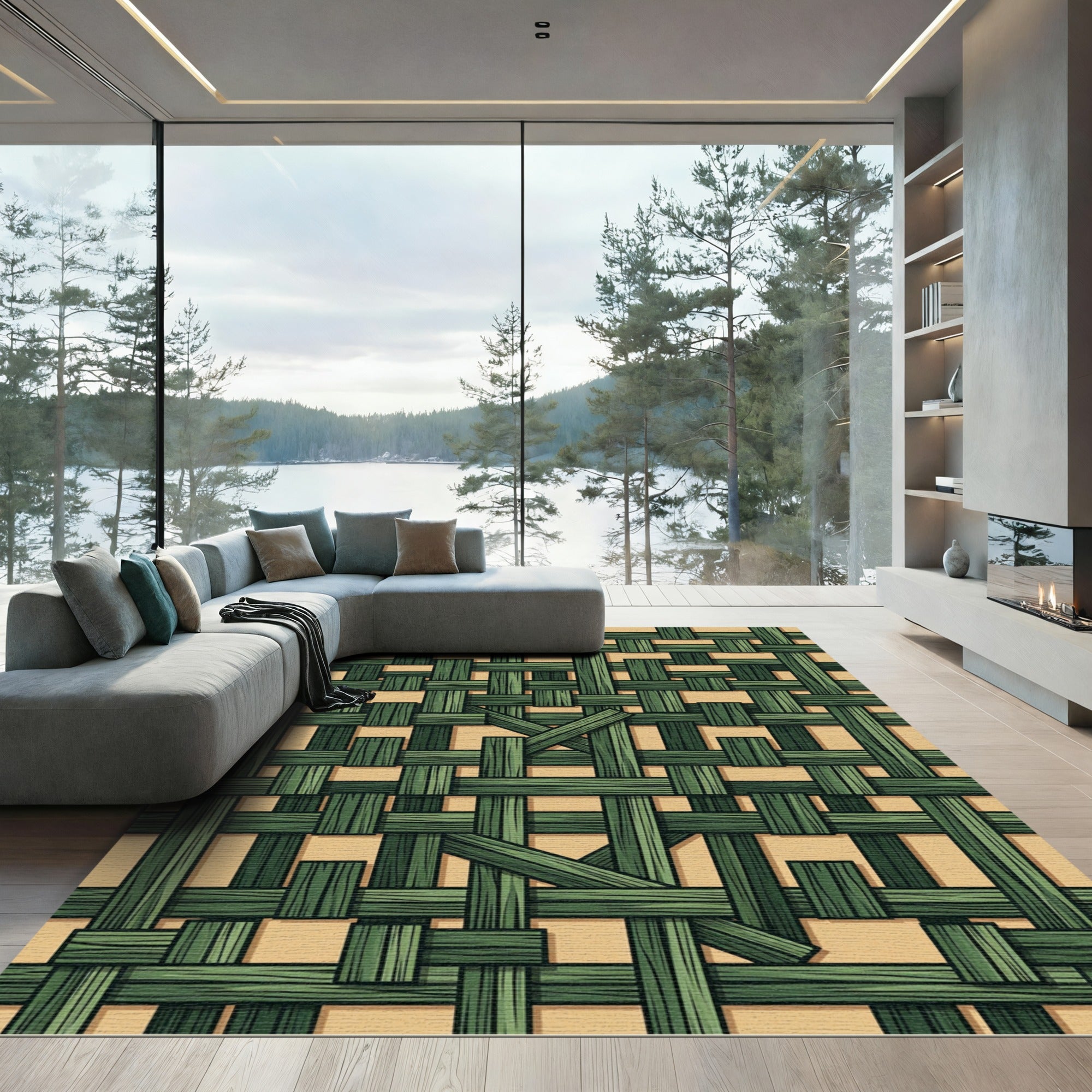 Deep Green Woven Wood Texture Rug
