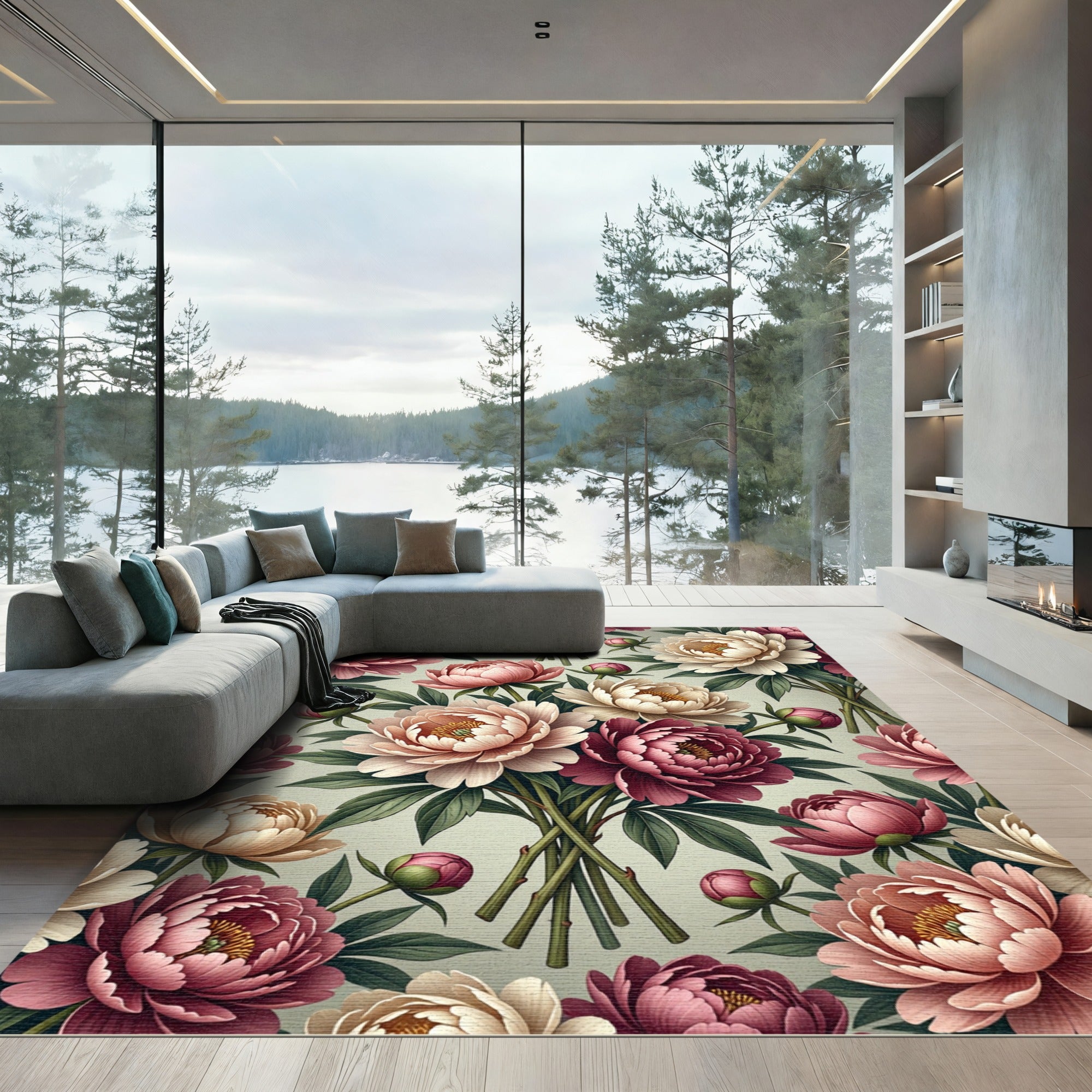 Elegant Rose Peony Watercolor Bouquet Rug