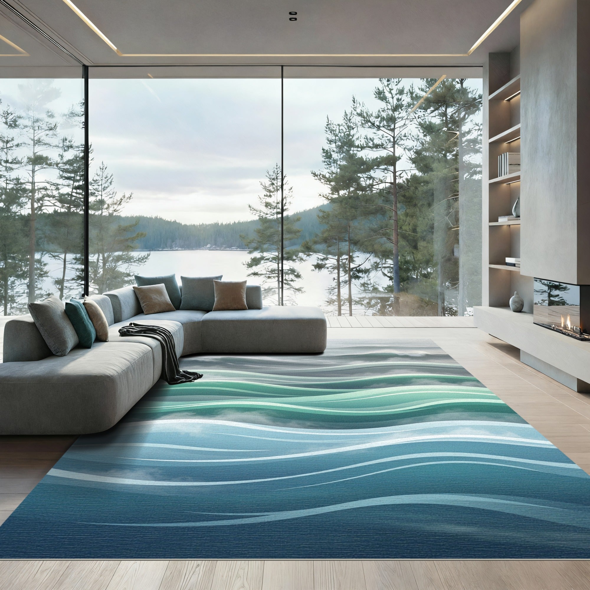 Layered Sea Waves Teal Gradient Ocean Rug