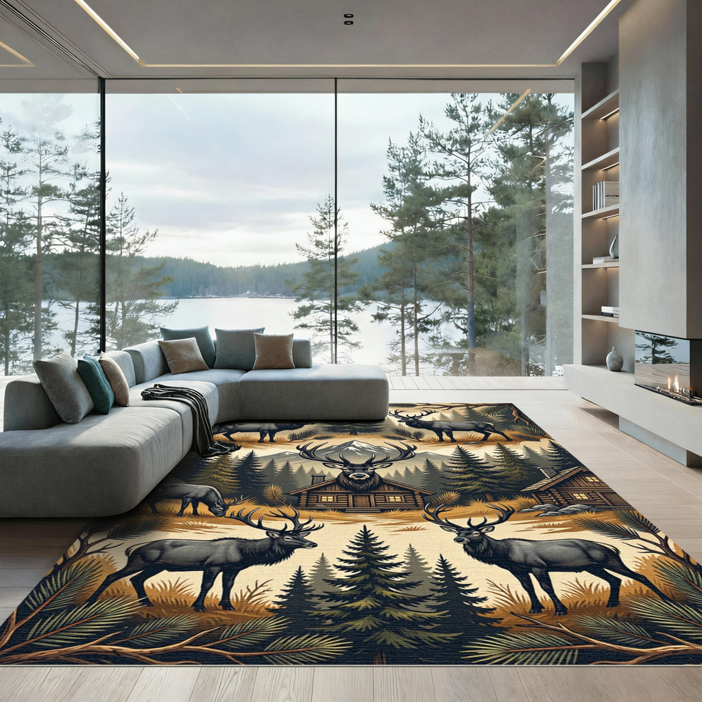 Rustic Mountain Elk Pine Forest Scene Rug