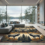 Rustic Mountain Elk Pine Forest Scene Rug
