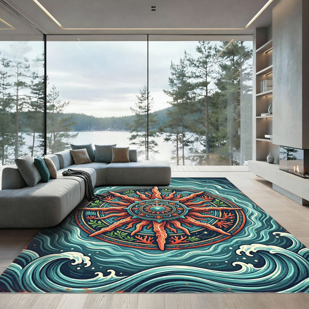 Radiant Coral Sun Nautical Ocean Medallion Rug