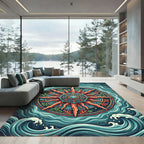 Radiant Coral Sun Nautical Ocean Medallion Rug
