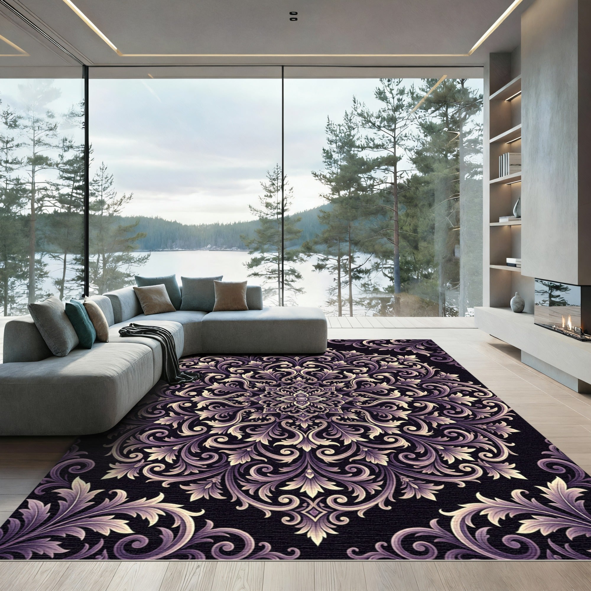 Elegant Amethyst Floral Damask Medallion Rug