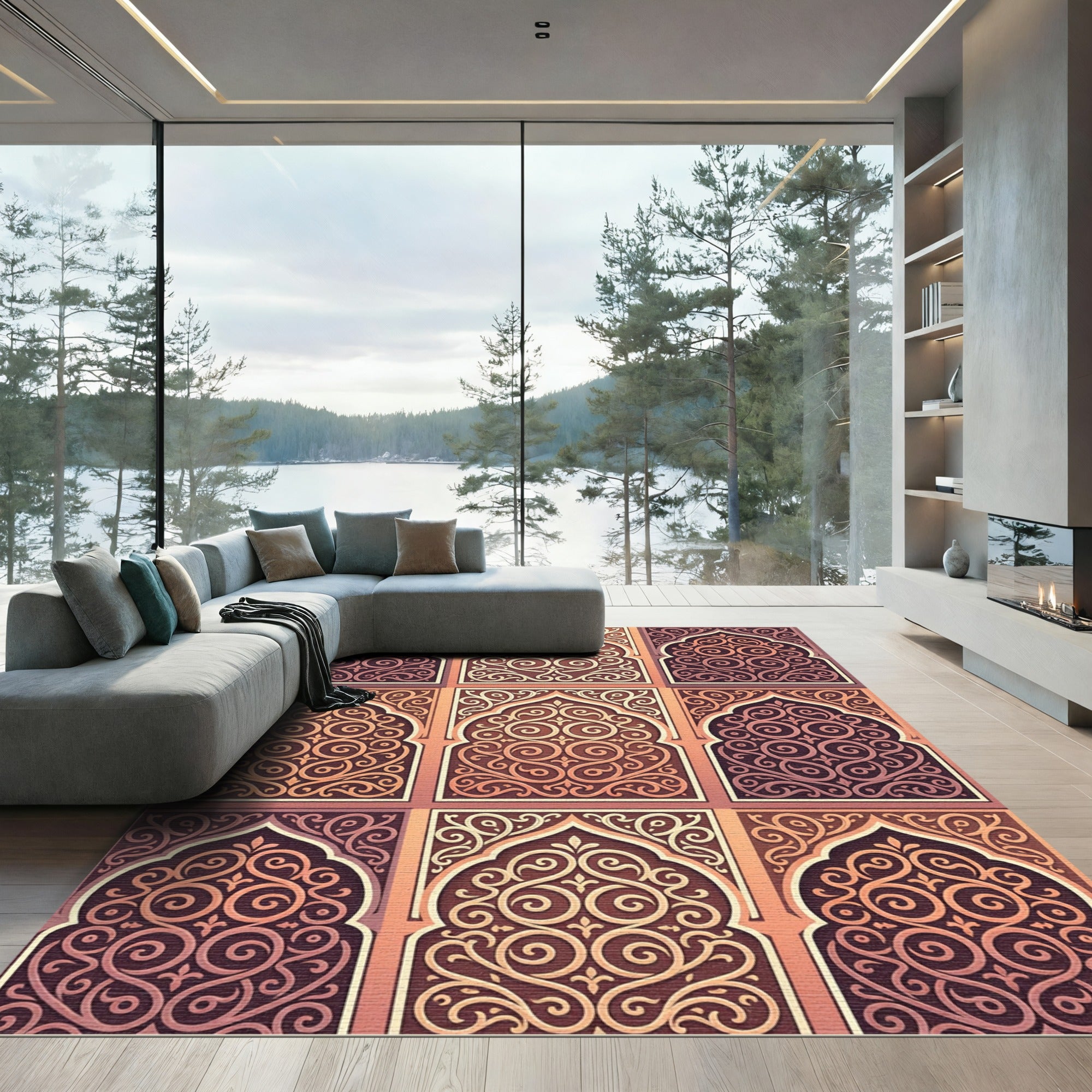 Earthy Terracotta Swirl Arch Tile Rug