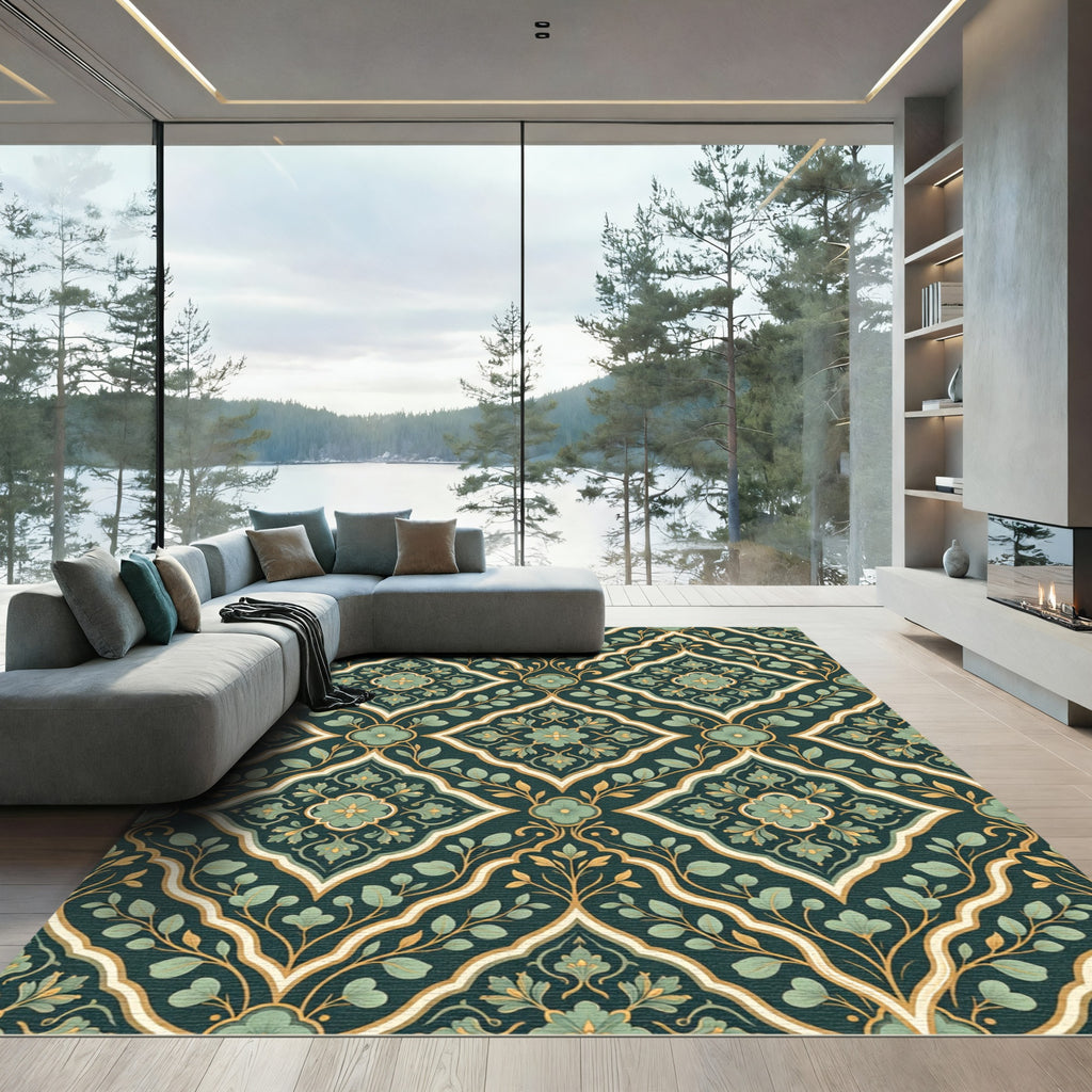Deep Teal Floral Lattice Medallion Rug