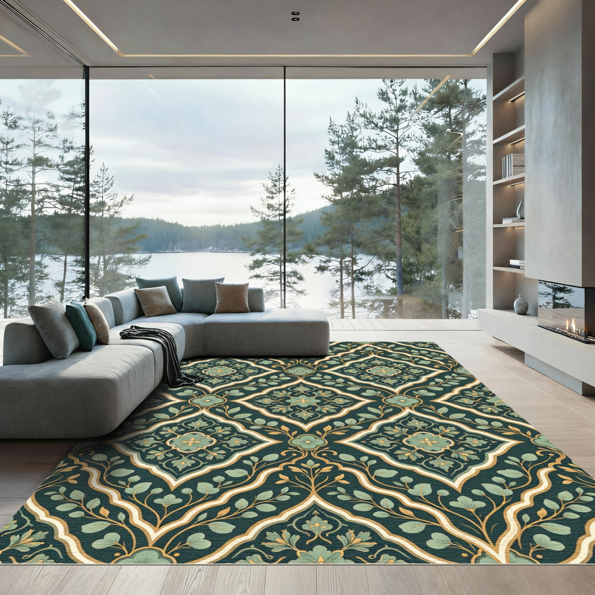 Deep Teal Floral Lattice Medallion Rug