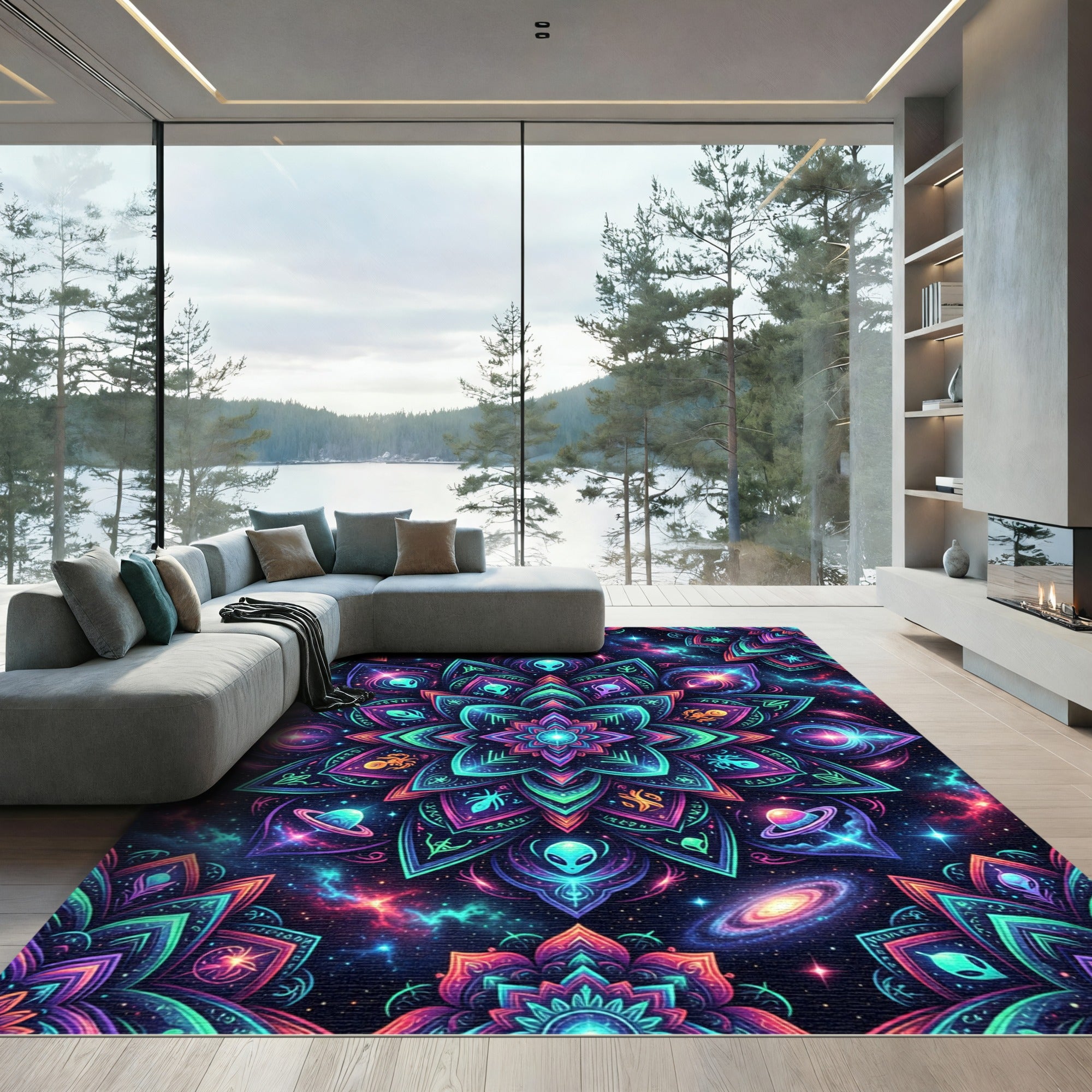 Cosmic Alien Mandala Neon Galaxy Rug