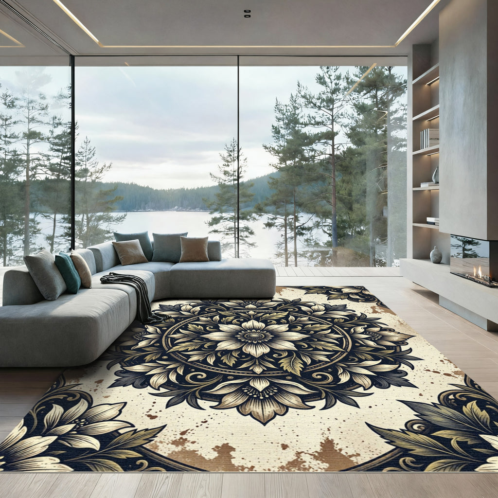 Vintage Black Gold Floral Medallion Rug
