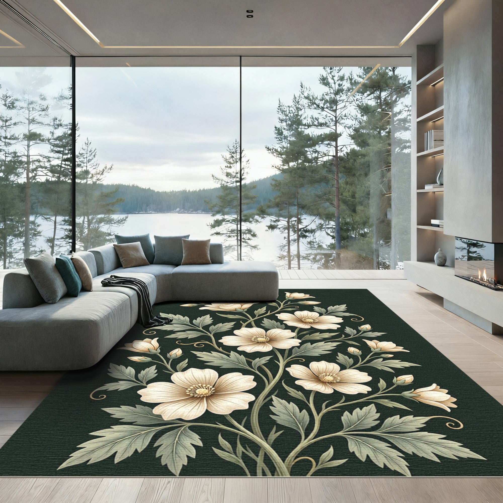 Elegant Pale Floral Arrangement on Dark Green Rug