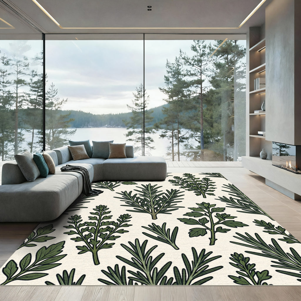 Botanical Green Culinary Herb Illustration Rug