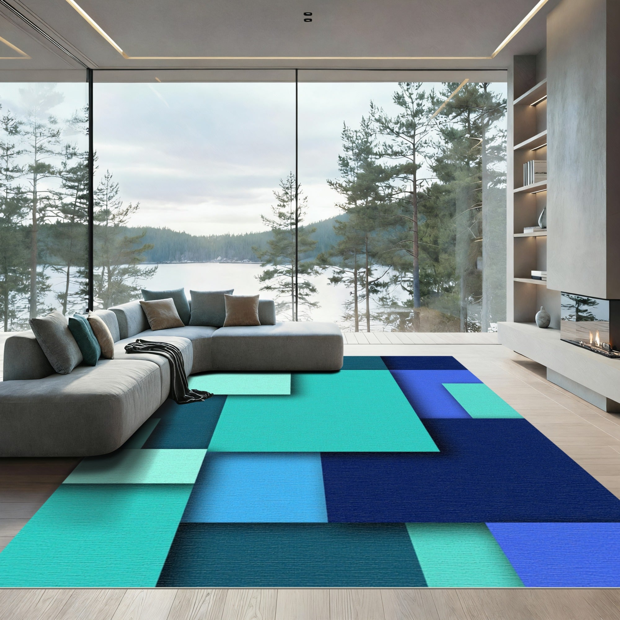 Modern Minimalist Teal Blue Geometric Composition Rug