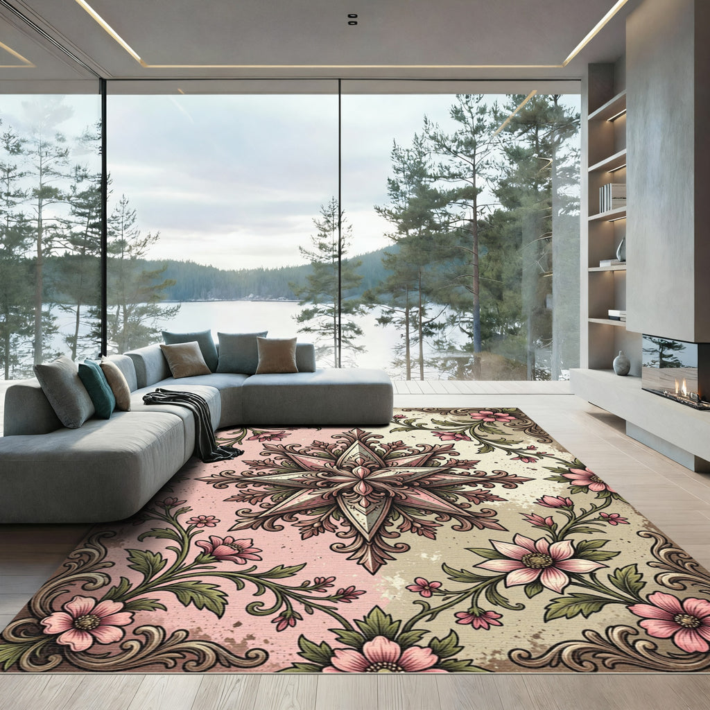 Vintage Pink Floral Star Medallion Rug