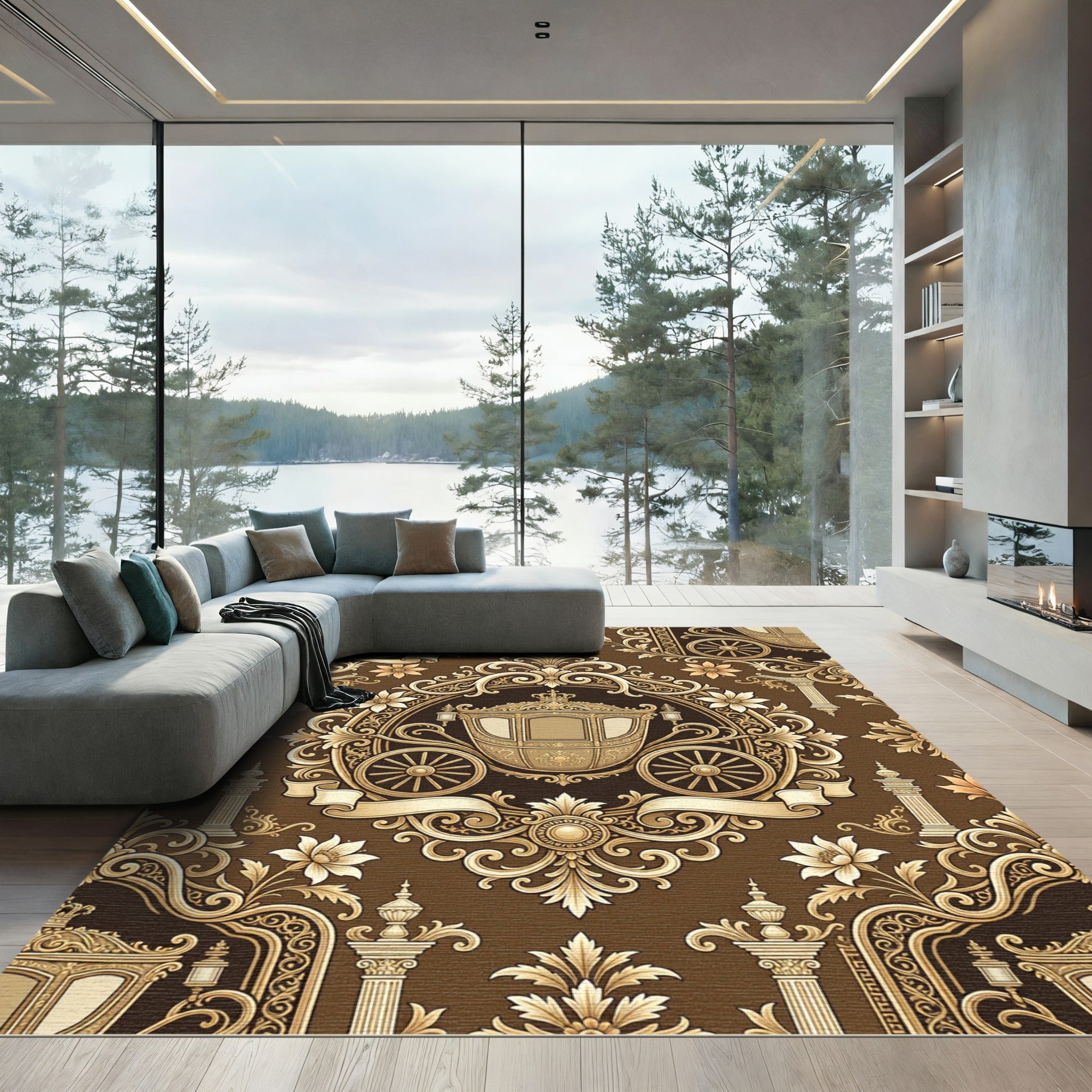 Golden Baroque Carriage and Floral Damask Rug