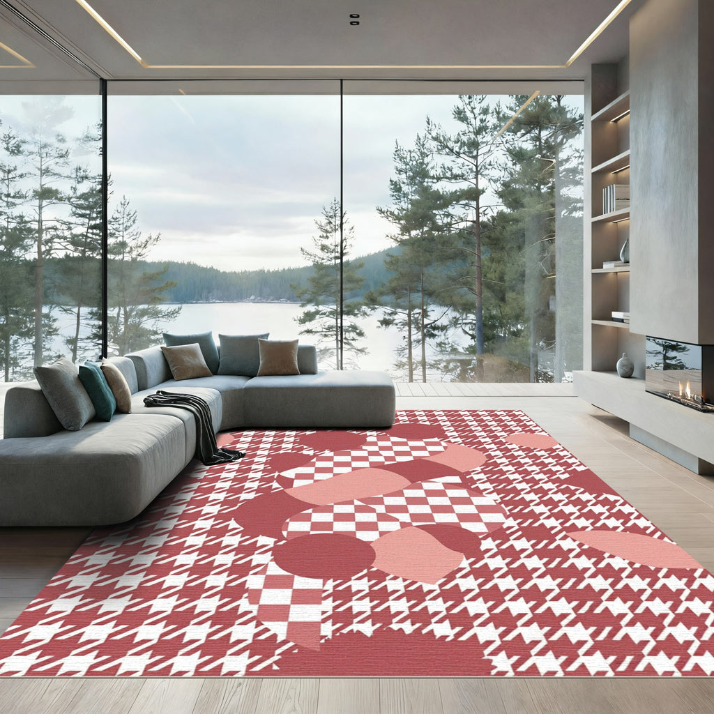 Modern Dusty Rose Houndstooth Checkered Art Rug