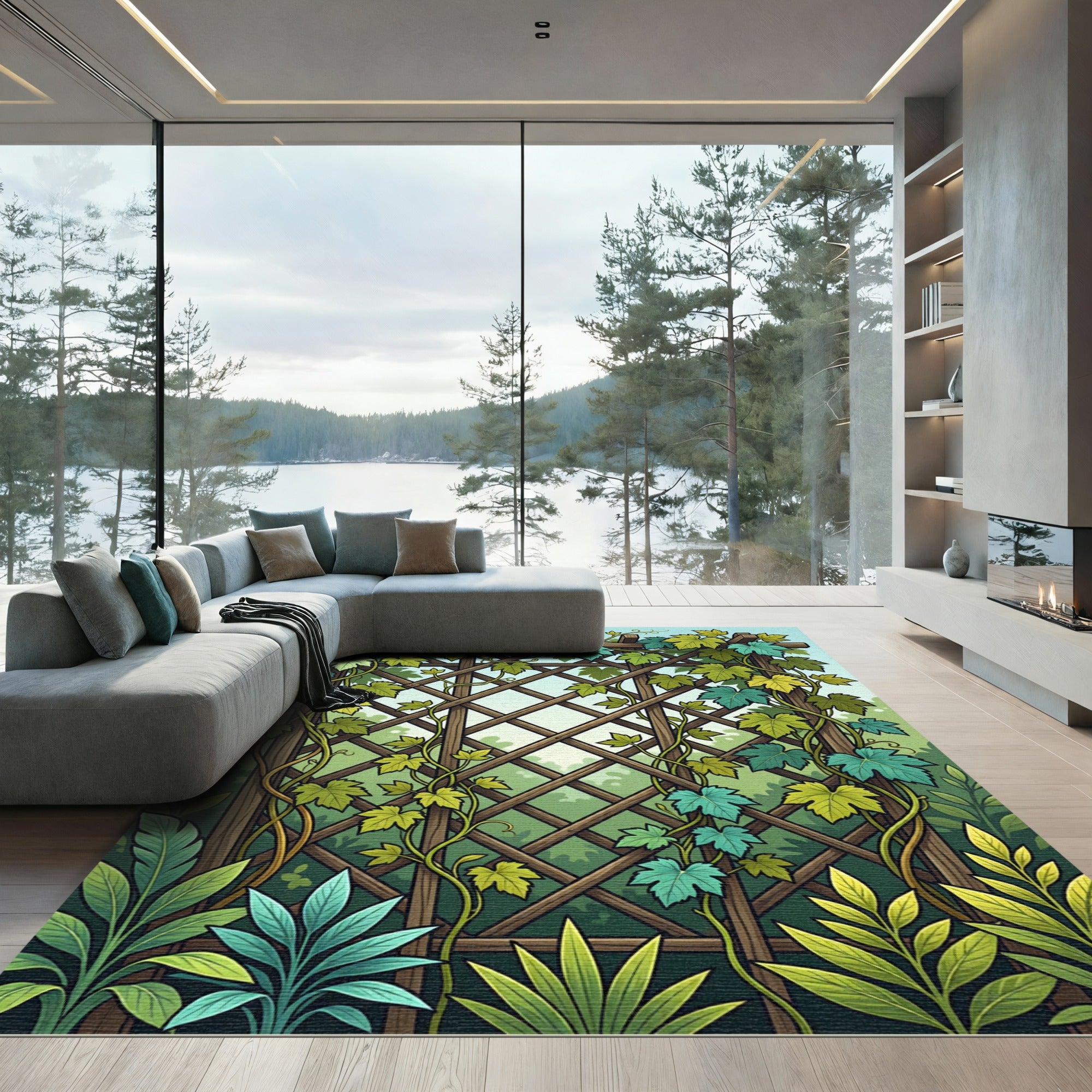 Lush Emerald Ivy Trellis Botanical Rug