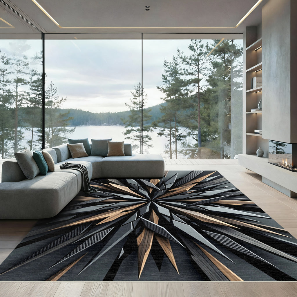Sharp Geometric Wood Carbon Fiber Starburst Rug