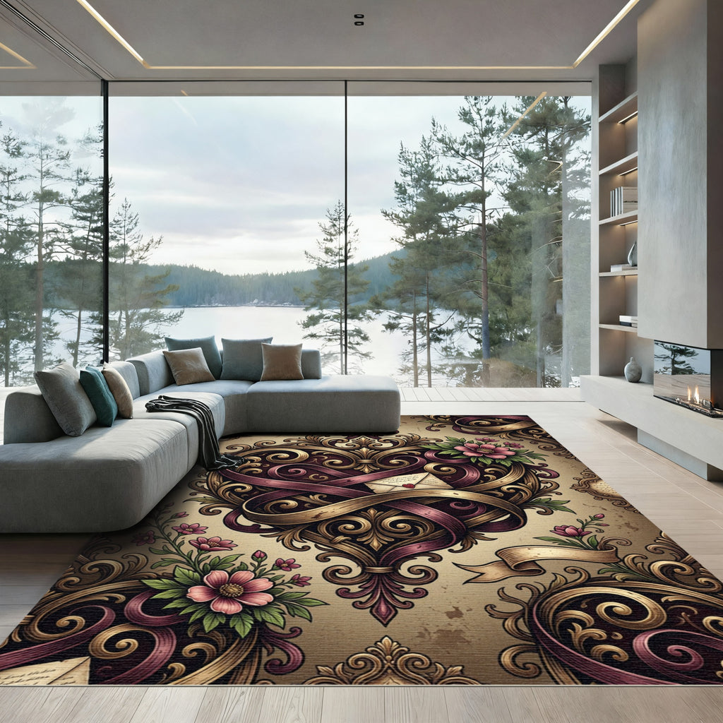 Ornate Crimson Gold Heart Flourish Rug